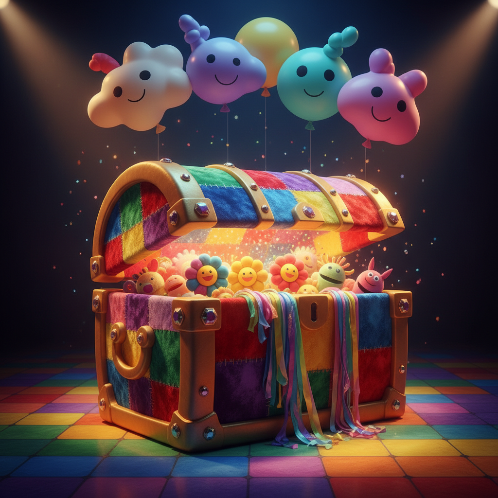 A plump, brightly-hued treasure chest with rounded corners, covered in plush velvet fabrics and glittering, oversized golden hinges. The chest is slightly ajar, revealing a hint of sparkling, soft light and colorful, round-edged props within—such as fuzzy puppets, plush flowers, and shimmering ribbons. Set on a vibrant, childlike stage floor decorated with rainbow-colored tiles and whimsical floating balloons. Soft theatrical lighting creates glowing accents and gentle shadows, infusing the scene with warmth and playful energy. Shot at eye-level for an immersive perspective, the composition highlights the inviting nature of the chest and its magical contents. The photographic image is vivid and saturated, emphasizing playfulness, imagination, and wonder.