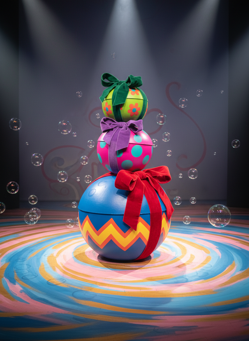 A trio of whimsically stacked, rounded gift boxes made from colorful glossy cardboard, each featuring bold, hand-painted patterns—zigzags, polka dots, and flowers—and tied with thick, velvet ribbons. The boxes balance center stage atop a swirling, painted platform, surrounded by floating, oversized foam bubbles in soft rainbow colors. Spotlights from multiple angles create sparkling highlights and dramatic yet gentle shadows that enhance the boxes' gleaming surfaces. Shot from a slightly elevated, wide-angle perspective, the composition uses energetic lines and curves to convey motion and a festive, playful spirit. The image is vibrant, lively, and photographically crisp, capturing the joyful essence and inclusive values of a children’s theater experience.