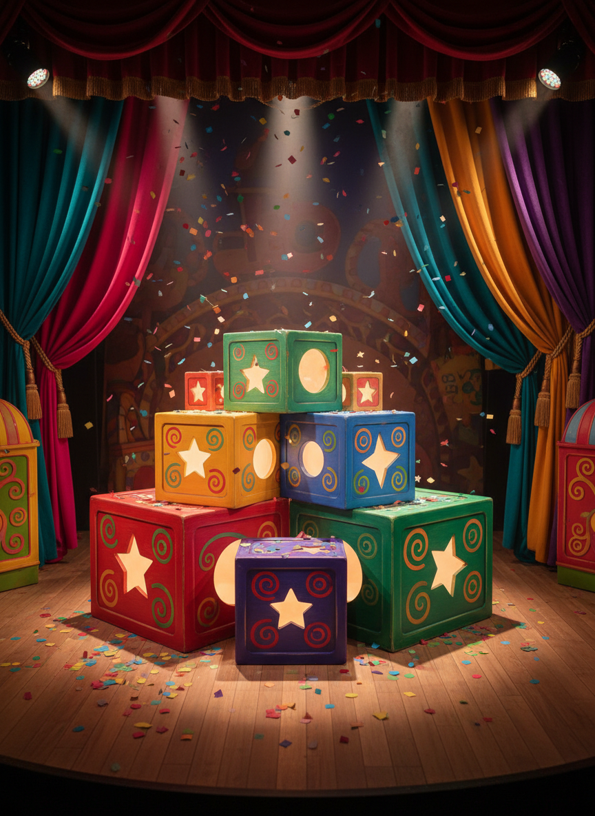 A cluster of vibrant, oversized wooden boxes painted in bright primary colors—red, yellow, blue, and green—with whimsical swirling patterns and playful, rounded edges. Each box features cut-out shapes like stars, hearts, and circles, hinting at magical secrets inside. Arranged center-stage on a child-friendly theater set, the scene is framed by colorful curtains and scattered paper confetti. Soft, radiant spotlighting from above and gentle stage lights at the sides create lively highlights and playful shadows, enhancing the boxes' textures. Captured from a slightly elevated angle, the composition centers on the boxes, with an out-of-focus, energetic background, conveying a mood of enchantment and excitement. The photographic style is realistic yet deeply whimsical, emulating the joyous, inclusive atmosphere of a children’s theater event.