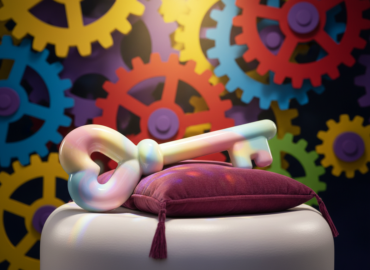 A large, fantastical key crafted from translucent acrylic in a swirl of pastel colors, with bubbly, rounded forms and a heart-shaped handle. Positioned on a velvet cushion atop a rounded pedestal, the key gleams under a bright, cheerful stage spotlight. The background features an energetic array of oversized, rounded gears and cogs painted in friendly, bold colors to suggest magical machinery. The lighting causes light refractions and playful color casts across the key and surrounding elements, with gentle shadows adding depth. Photographed from a low, dynamic angle with crisp focus on the key, the composition evokes a sense of curiosity and discovery. The overall style is whimsical, colorful, and photographic, perfectly suited for a playful children’s theater theme.