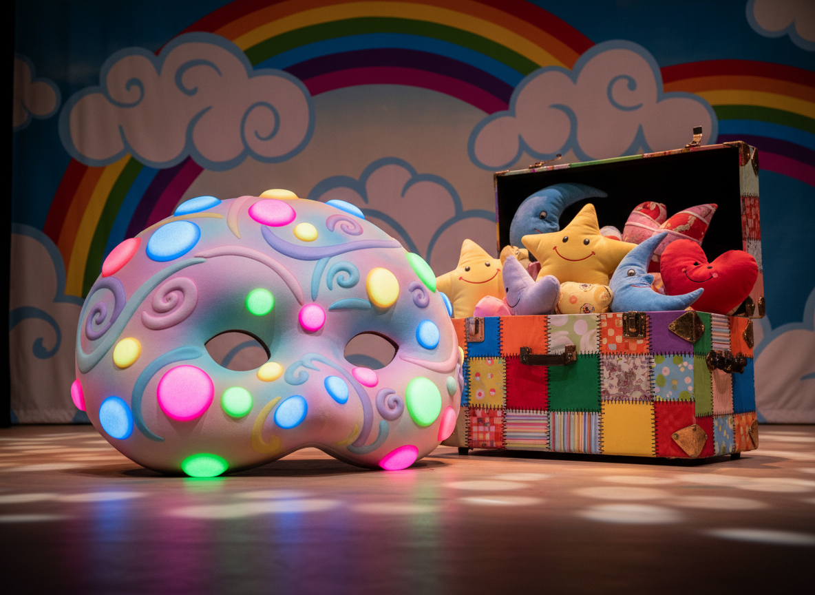 A magical, oversized, rounded mask decorated with puffy neon polka dots and swirling, pastel swashes. The mask sits beside a colorful patchwork trunk overflowing with soft, plush shapes—stars, moons, and hearts—each crafted from velvety fabric. Set against a lively, painted stage backdrop featuring clouds and abstract rainbows, the scene is bathed in diffused, theatrical light that creates vibrant hues and lively, energetic shadows. The camera captures the mask and trunk from a close-up perspective, using a shallow depth of field to focus on intricate textures and playful patterns. The photographic style is high-contrast and cheerful, amplifying the mood of imaginative fun and inclusivity.