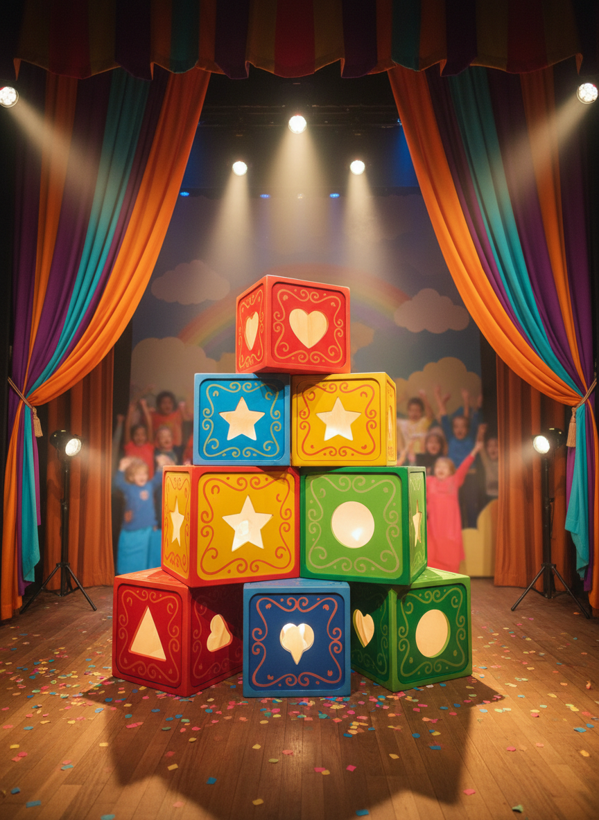 A cluster of vibrant, oversized wooden boxes painted in bright primary colors—red, yellow, blue, and green—with whimsical swirling patterns and playful, rounded edges. Each box features cut-out shapes like stars, hearts, and circles, hinting at magical secrets inside. Arranged center-stage on a child-friendly theater set, the scene is framed by colorful curtains and scattered paper confetti. Soft, radiant spotlighting from above and gentle stage lights at the sides create lively highlights and playful shadows, enhancing the boxes' textures. Captured from a slightly elevated angle, the composition centers on the boxes, with an out-of-focus, energetic background, conveying a mood of enchantment and excitement. The photographic style is realistic yet deeply whimsical, emulating the joyous, inclusive atmosphere of a children’s theater event.